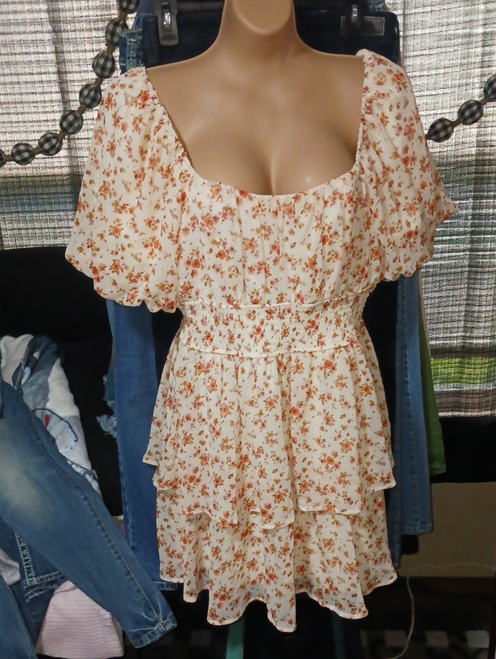 Trixxi Cream and Orange Floral Tiered Ruffle Dress